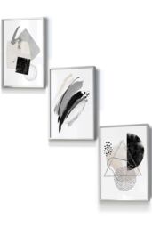 ARTZE Abstract Black Grey Ivory Watercolour Shapes Framed Wall Art - Small in Metallic Silver - Size: W33 cm x H45 cm x D20mm