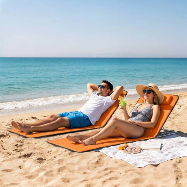 OUTSUNNY 2 Pieces Outdoor Beach Mat Steel Reclining Chair Set Orange - image 1