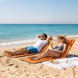 OUTSUNNY 2 Pieces Outdoor Beach Mat Steel Reclining Chair Set Orange