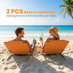 OUTSUNNY 2 Pieces Outdoor Beach Mat Steel Reclining Chair Set Orange - thumbnail 4