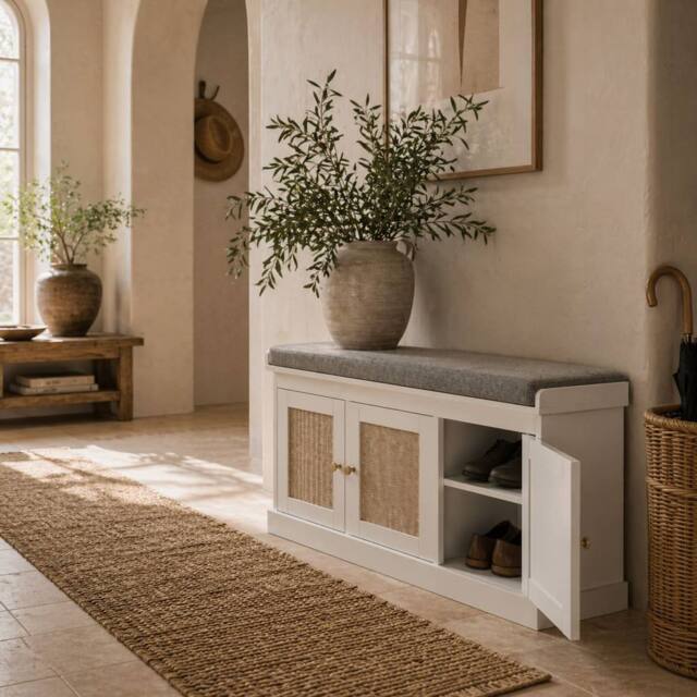 Wyld Haus White Wooden Shoe Bench with 3 Woven Rattan Doors & Grey Padded Seat - image 1