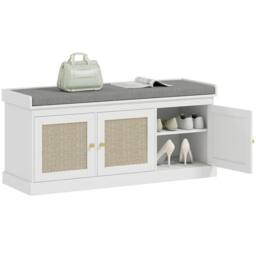 Wyld Haus White Wooden Shoe Bench with 3 Woven Rattan Doors & Grey Padded Seat - thumbnail 8