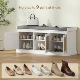 Wyld Haus White Wooden Shoe Bench with 3 Woven Rattan Doors & Grey Padded Seat - thumbnail 6