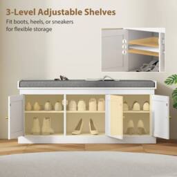 Wyld Haus White Wooden Shoe Bench with 3 Woven Rattan Doors & Grey Padded Seat - thumbnail 7
