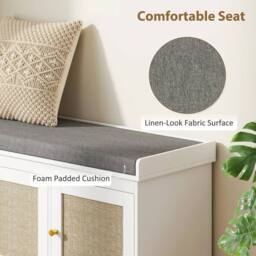 Wyld Haus White Wooden Shoe Bench with 3 Woven Rattan Doors & Grey Padded Seat - thumbnail 5