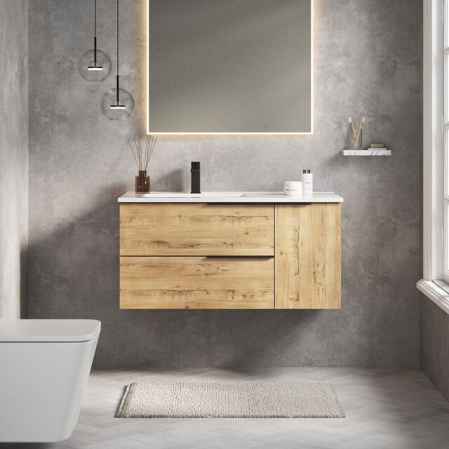 Banyetti Celtic Duo 1000mm Wall Hung Vanity Unit with Door & Basin - Ostippo Oak in Light Oak - image 1