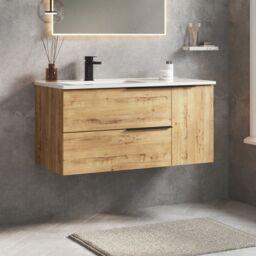 Banyetti Celtic Duo 1000mm Wall Hung Vanity Unit with Door & Basin - Ostippo Oak in Light Oak - thumbnail 3