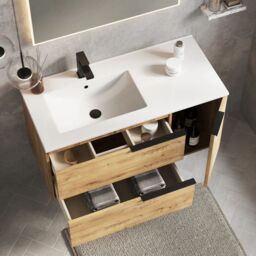Banyetti Celtic Duo 1000mm Wall Hung Vanity Unit with Door & Basin - Ostippo Oak in Light Oak - thumbnail 4