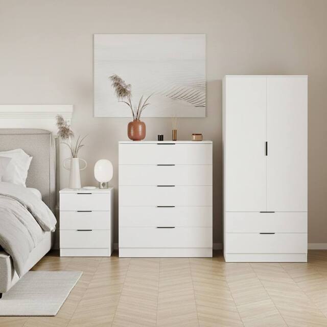 Home Discount Vida Designs Trega 3Pc Bedroom Set(3Dr Bedside, 5Dr Chest, Wardrobe) in White - image 1