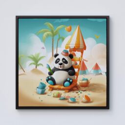 "Warren Reed - Designer Panda On A Beach Holiday Framed Canvas in Black - Size: W16"" x H16""" - thumbnail 1
