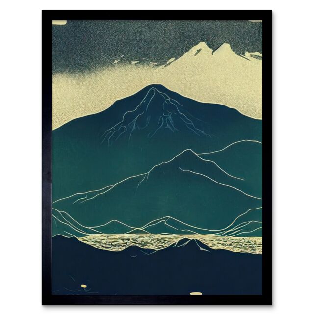 "Artery8 Wall Art Print Scottish Highlands Lake Mountains Blue Linocut Art Framed in Black - Size: W12"" x H16""" - image 1