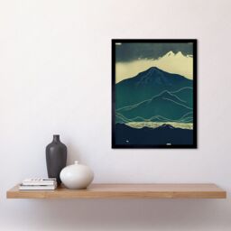 "Artery8 Wall Art Print Scottish Highlands Lake Mountains Blue Linocut Art Framed in Black - Size: W12"" x H16""" - thumbnail 2