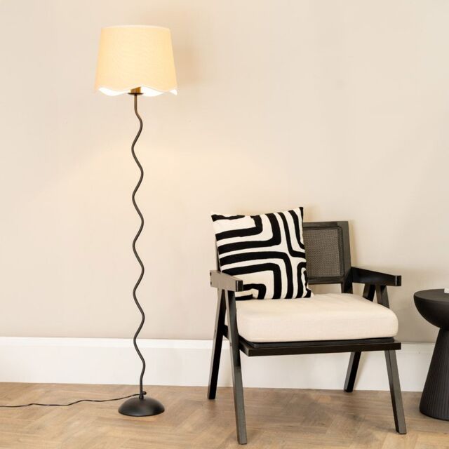 ValueLights Wiggle Black Metal Stem Floor Lamp with Linen Scallop Trim Tapered Lamp Shade in White - image 1