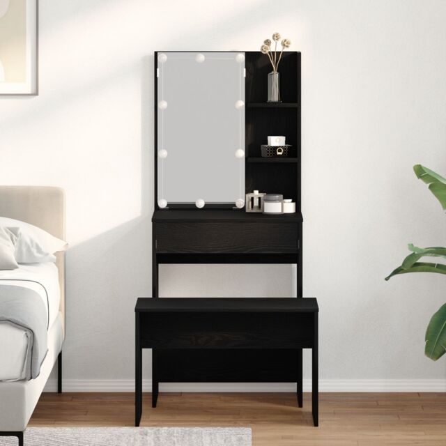 Berkfield Home Dressing Table Set with LED Black Oak Engineered Wood - image 1