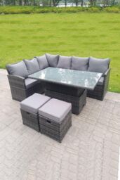 Fimous High Back Corner Rattan Sofa Dining Rising Table Height Adjustable 8 Seater 2 Small Foot Stools in Dark Grey - thumbnail 1