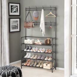Rafaelo Mobilia Wide Industrial Metal Hall Tree Shoe Rack with Clothes Hangers in Black - thumbnail 2