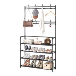 Rafaelo Mobilia Wide Industrial Metal Hall Tree Shoe Rack with Clothes Hangers in Black - thumbnail 4