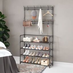 Rafaelo Mobilia Wide Industrial Metal Hall Tree Shoe Rack with Clothes Hangers in Black - thumbnail 1