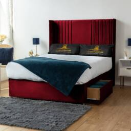 UK Bed Furniture Skyline Wingback Divan Bed with 2 Drawers Foot End & 54 Headboard in Maroon - Size: Small Double - thumbnail 1
