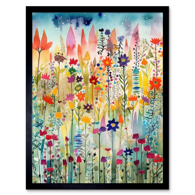 "Artery8 Wall Art Print Layered Spring Flower Field Folk Art Framed in Black - Size: W12"" x H16""" - image 1