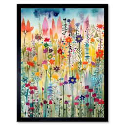 "Artery8 Wall Art Print Layered Spring Flower Field Folk Art Framed in Black - Size: W12"" x H16""" - thumbnail 1