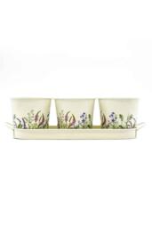 Set of 3 Country Foral Design Metal Planters with Tray