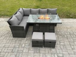 Fimous Rattan Garden Furniture High Back Corner Sofa Gas Fire Pit Dining Table Sets Gas Heater with 2 Small Footstools 8 Seater in Dark Grey - thumbnail 2