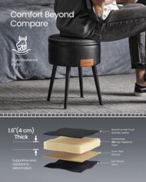 VASAGLE Round Storage Ottoman Dressing Stool Synthetic Leather Steel Legs in Black - thumbnail 5