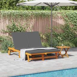 Berkfield Home Double Sun Lounger with Wheels & Cushion - Solid Acacia Wood in Brown - thumbnail 2
