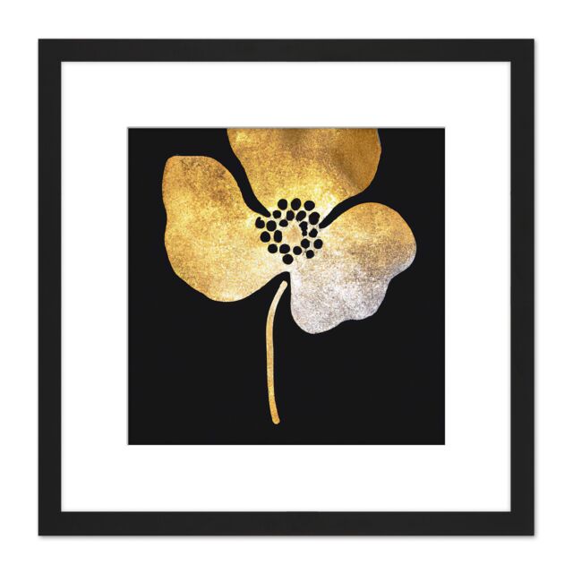 Artery8 Gold on Black Metallic Effect Foil on Black Style Single Flower Floral Painting Square Wooden Framed Wall Art Print Picture 8X8 Inch - image 1