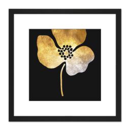 Artery8 Gold on Black Metallic Effect Foil on Black Style Single Flower Floral Painting Square Wooden Framed Wall Art Print Picture 8X8 Inch - thumbnail 1