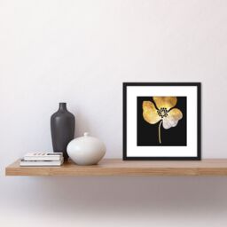 Artery8 Gold on Black Metallic Effect Foil on Black Style Single Flower Floral Painting Square Wooden Framed Wall Art Print Picture 8X8 Inch - thumbnail 2