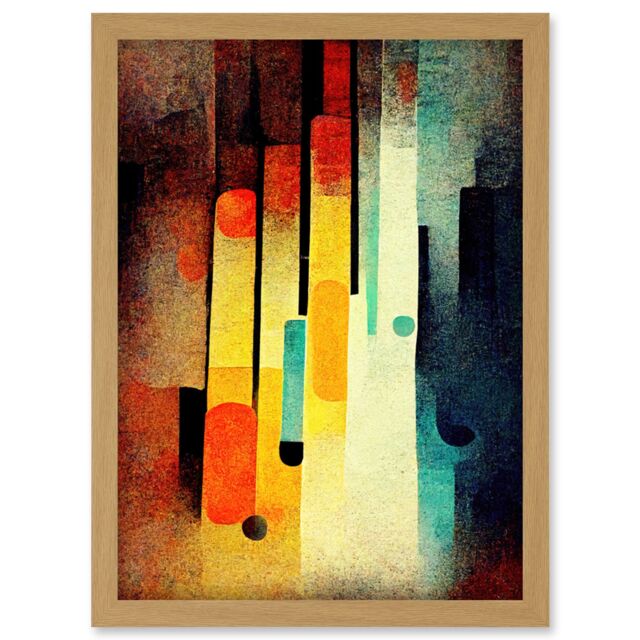 Artery8 Acid Jazz Retro Colourful Boho Abstract Artwork Framed Wall Art Print A4 in Light Oak - image 1
