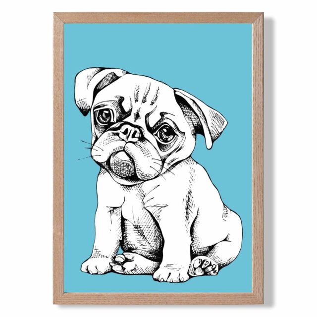ARTZE Sketch Pug Dog on Bright Blue Framed Print SIZE: A2 with Oak Frame - Size: A4 - image 1