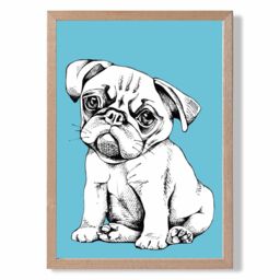 ARTZE Sketch Pug Dog on Bright Blue Framed Print SIZE: A2 with Oak Frame - Size: A4