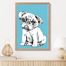 ARTZE Sketch Pug Dog on Bright Blue Framed Print SIZE: A2 with Oak Frame - Size: A4 - thumbnail 2