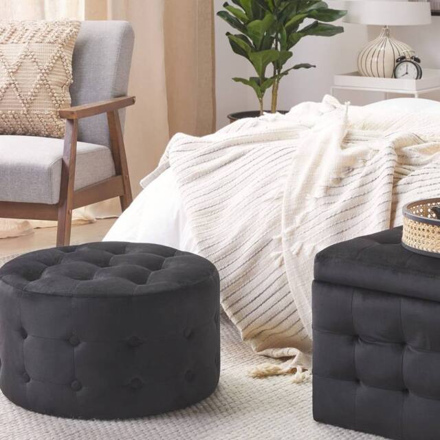 Wyld and Coco Black Velvet Round Footstool with Button Tufting - image 1