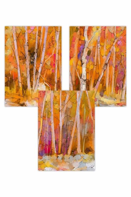 ARTZE Set of 3 Abstract Autumn Trees in Orange Art Posters - Size: W50 cm x H70 cm - image 1
