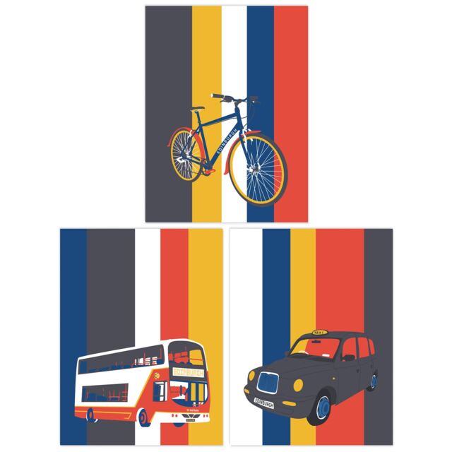 Artery8 Wall Art Print Pack of 3 A4 Edinburgh Transport Bicycle Bus Taxi Car Black Cab Transportation Retro Living Room s Set - image 1