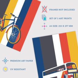 Artery8 Wall Art Print Pack of 3 A4 Edinburgh Transport Bicycle Bus Taxi Car Black Cab Transportation Retro Living Room s Set - thumbnail 4
