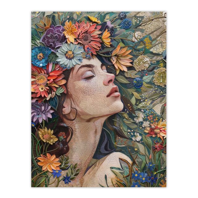 "Artery8 Wall Art Print Woman Boho Portrait in Spring Flowers Mosaic Poster - Size: W24"" x H32""" - image 1