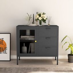 Berkfield Home Sideboard Anthracite 75x35x70 cm Steel & Tempered Glass in Black - Size: 75 x 35 x 70 cm