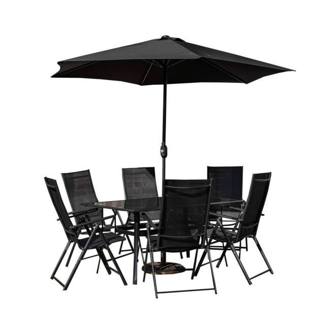 Samuel Alexander Outdoor 6 Person Glass Top Dining Table Chairs. Black Parasol & Base - image 1
