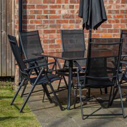 Samuel Alexander Outdoor 6 Person Glass Top Dining Table Chairs. Black Parasol & Base - thumbnail 5