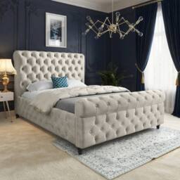 Casani Stenton Sleigh Upholstered Beige Soft Velvet Designer Bed Frame in Cream - Size: Small Single - thumbnail 1