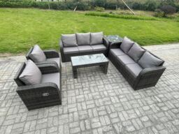 Fimous Wicker PE Rattan Sofa Set Outdoor Patio Garden Furniture with Reclining Chair Coffee Table Side Table Dark Grey Mixed - thumbnail 2