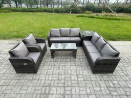 Fimous Wicker PE Rattan Sofa Set Outdoor Patio Garden Furniture with Reclining Chair Coffee Table Side Table Dark Grey Mixed - thumbnail 1