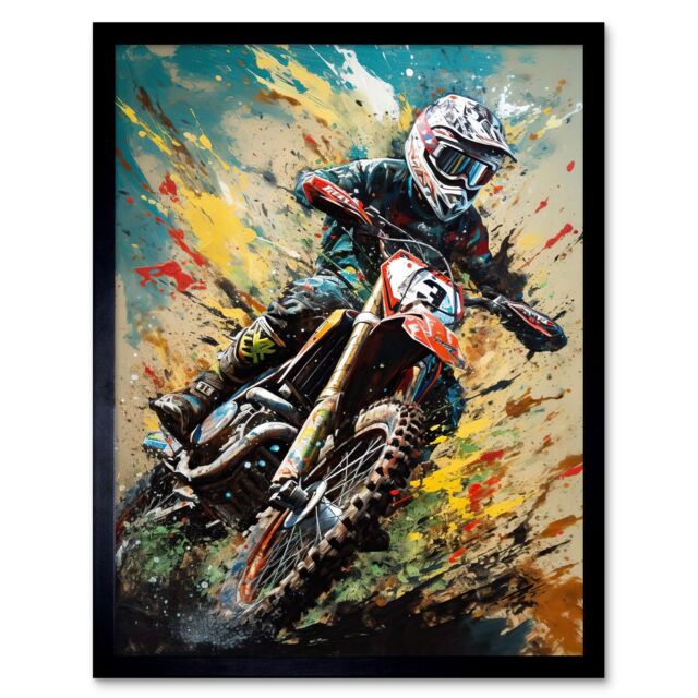 "Artery8 Wall Art Print Motocross Race Sport Driver Action Shot Painting Art Framed in Black - Size: W12"" x H16""" - image 1
