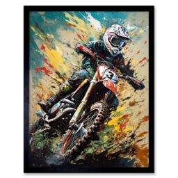 "Artery8 Wall Art Print Motocross Race Sport Driver Action Shot Painting Art Framed in Black - Size: W12"" x H16""" - thumbnail 1