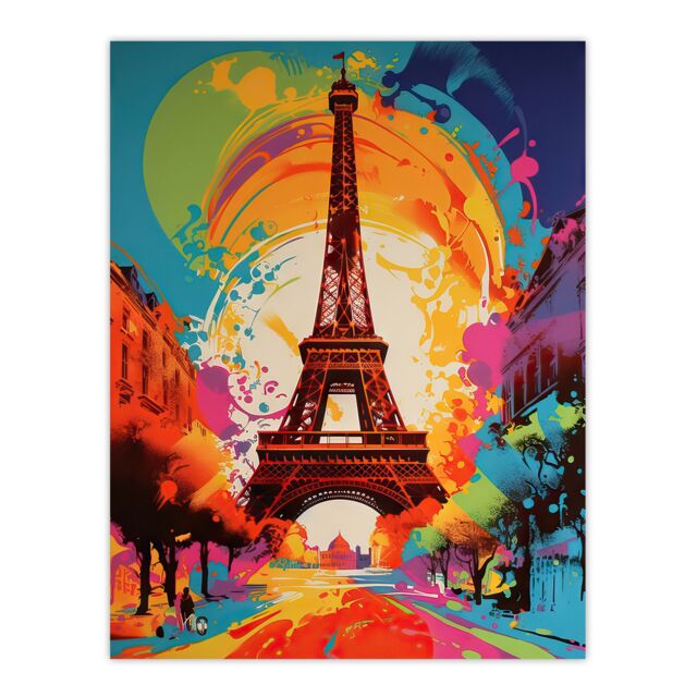 Artery8 Wall Art Print Abstract Paris Eiffel Tower Sunrise Colour Explosion France Monument Vibrant Bold Bright Colourful Painting Poster - image 1